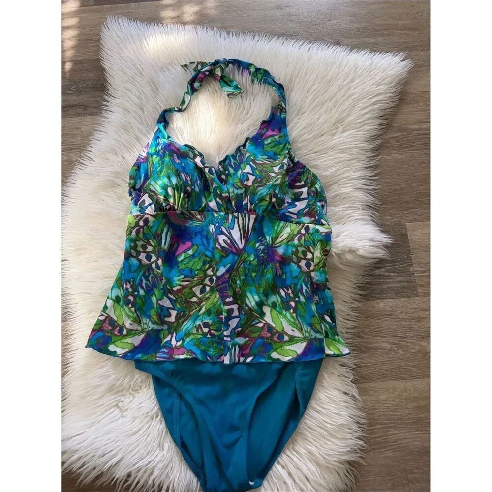 Blue Green Floral Halter One-Piece Swimsuit Size 14 NWT